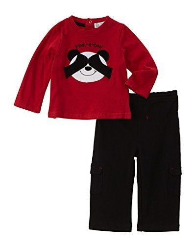 Quiltex Boys' 2Pc Red Black Peekaboo Panda Shirt Pant Set - Size 3-6 Months