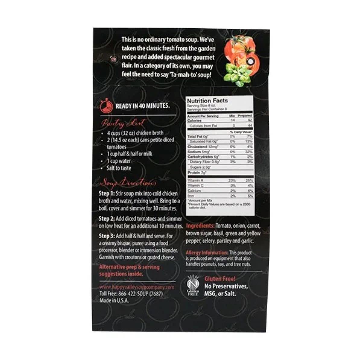 Happy Valley Soup Company -Tomato Basil Bisque- Dry Mix - Serves 8