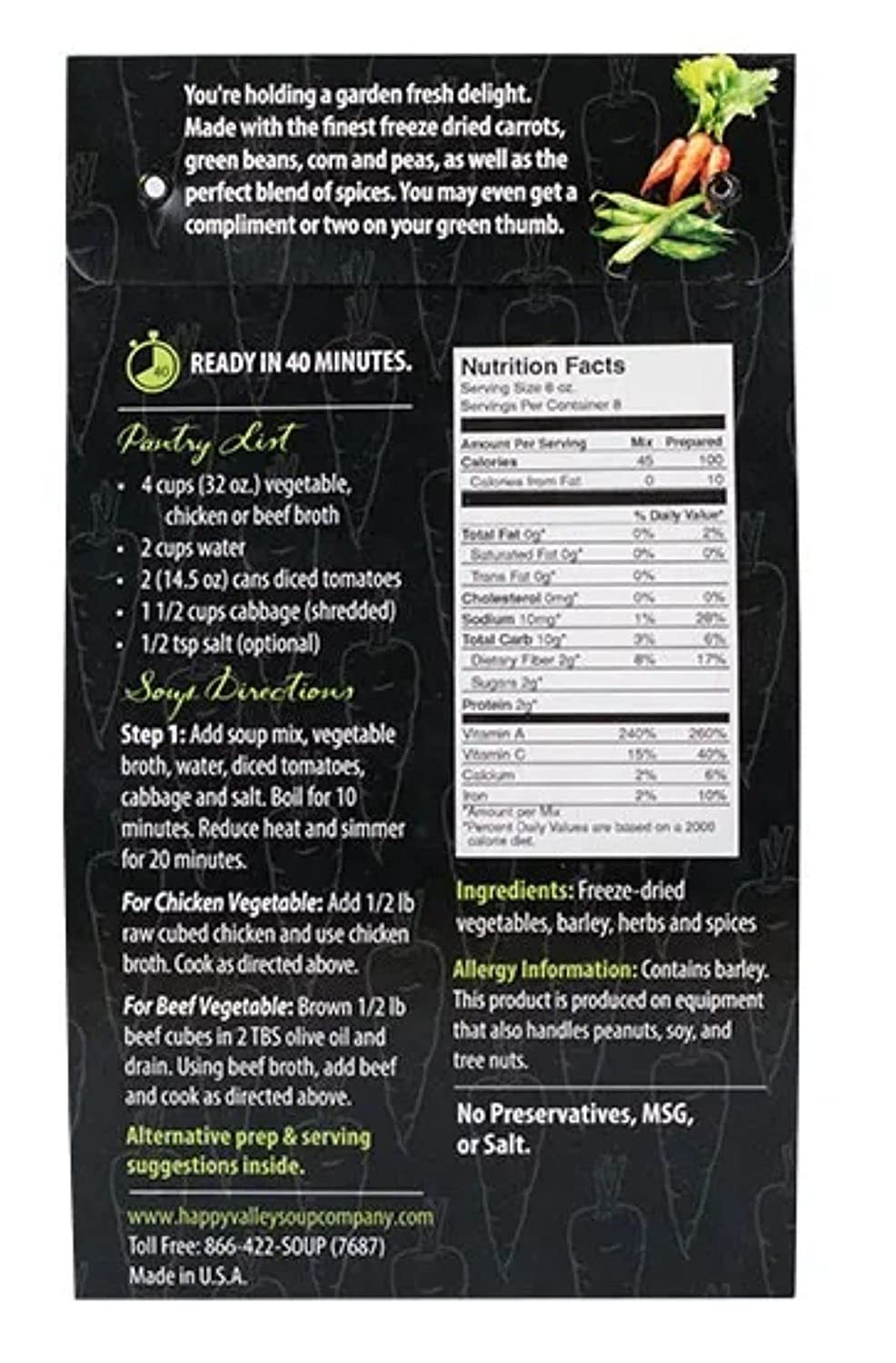 Happy Valley Soup Company - Garden Vegetable - Dry Mix - Serves 8