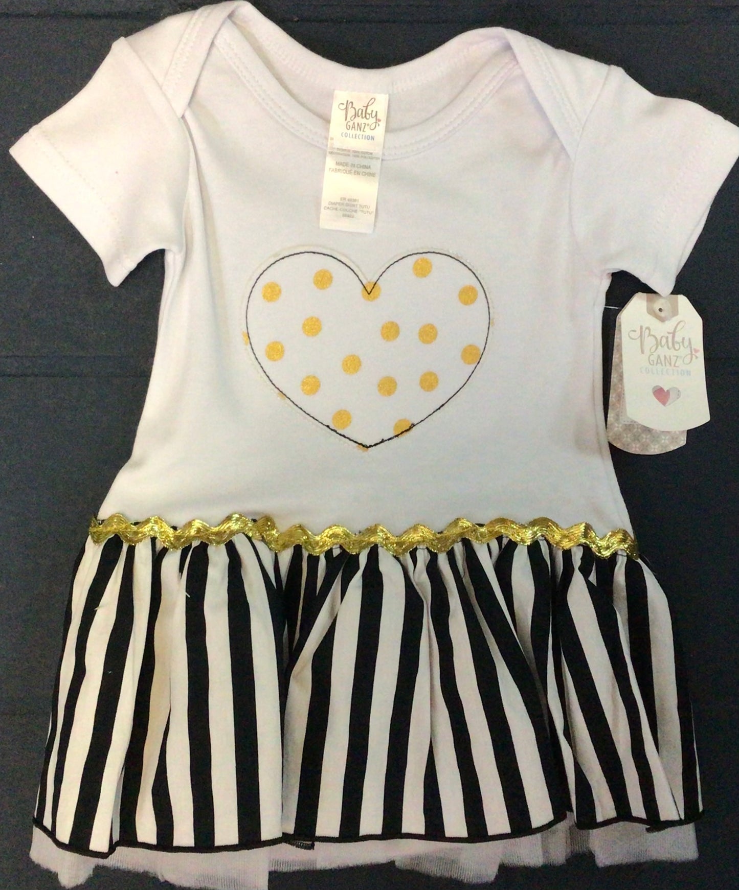 Ganz - Blk/Wht/Gold Heart Infant Dress with Built in Onesie 0-6 Mos.