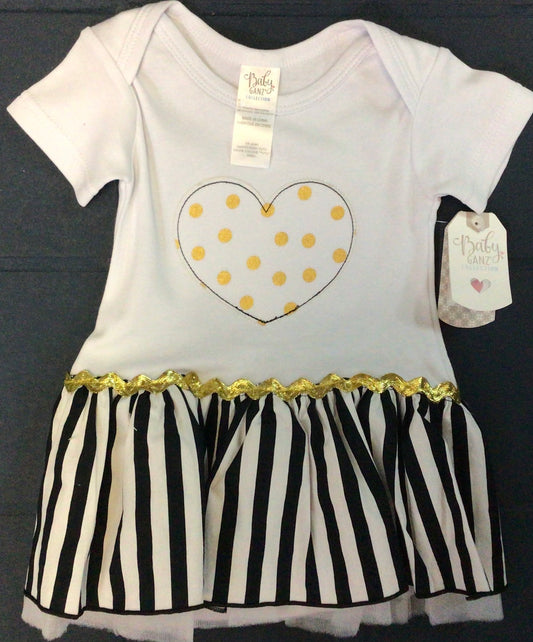 Ganz - Blk/Wht/Gold Heart Infant Dress with Built in Onesie 0-6 Mos.