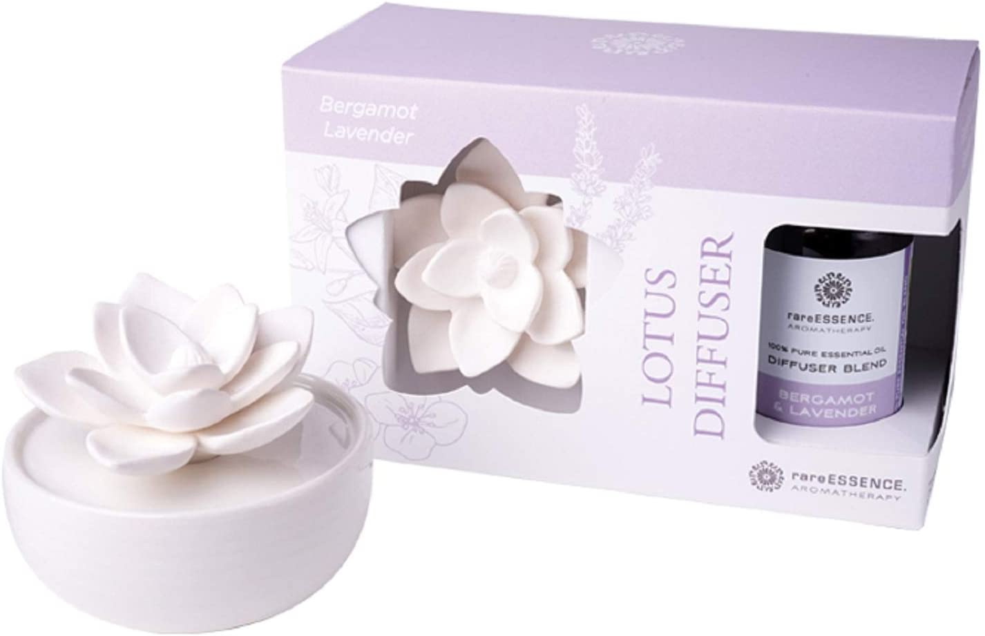 RareESSENCE Lotus Diffuser Gift Set - Set Includes Diffuser & Essential Oil Blend - Lotus (Bergamot & Lavender)