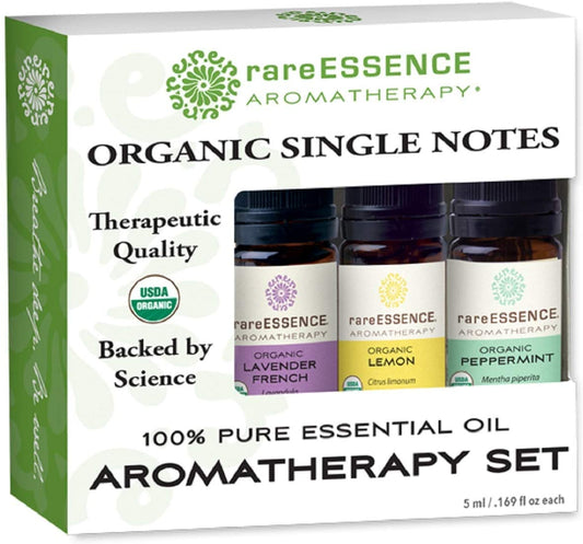 RareESSENCE Organic Single-Note Essential Oil Trio ( French Lavender, Lemon, Peppermint