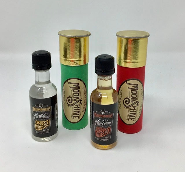 Fairhope Favorites (2 PK) MoonShine Hot Sauce - 1 Each of 1.75 OZ. Original & Aged Charred in Shot Gun Shell Case