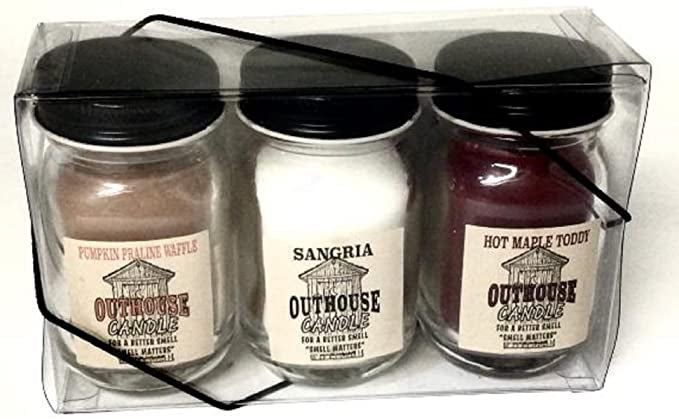 Outhouse / Mooneshine Candles -Sangria, Hot Maple Toddy & Pumpkin Praline Waffle -3 pk with 2 Ounce Jars - "Smell Matters"
