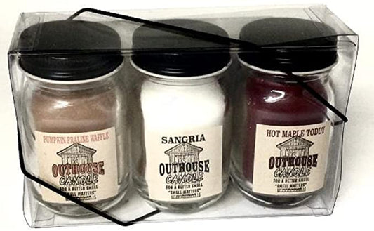 Outhouse / Mooneshine Candles -Sangria, Hot Maple Toddy & Pumpkin Praline Waffle -3 pk with 2 Ounce Jars - "Smell Matters"