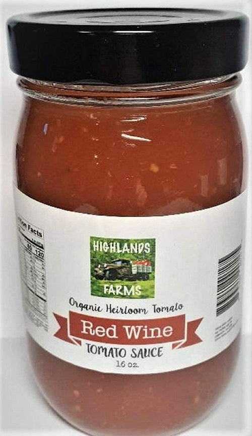 Highlands Farms - Red Wine Tomato Sauce - 16 oz Jar - Made From Organic Heirloom Tomatoes