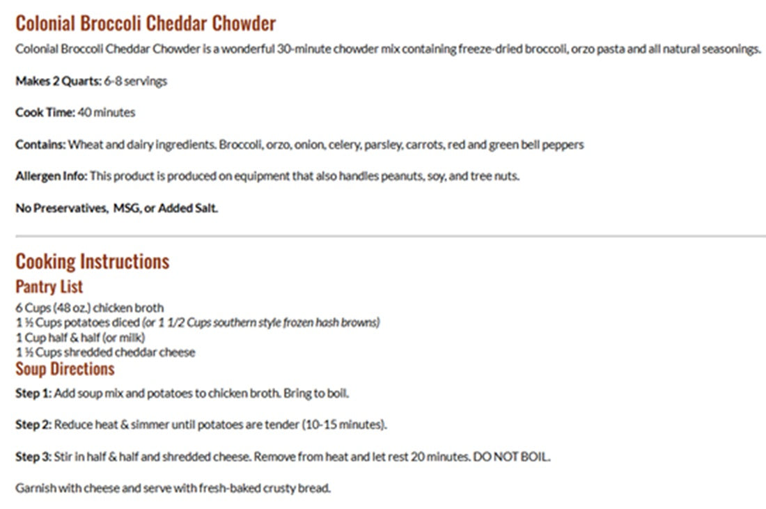 Cooke Tavern Soups - Colonial Broccoli Cheddar Chowder Mix, Makes 2 Quarts