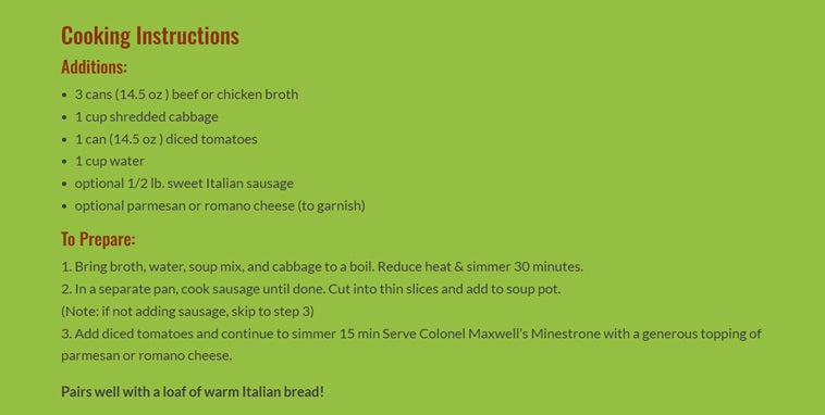 Cooke Tavern Soups - Colonel Maxwell's Minestrone, Makes 2 Quarts