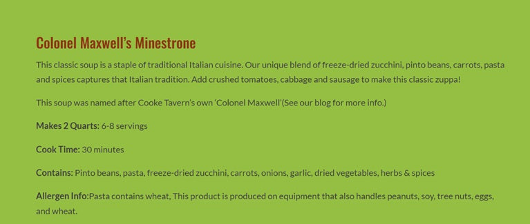 Cooke Tavern Soups - Colonel Maxwell's Minestrone, Makes 2 Quarts