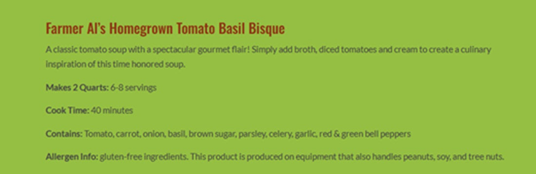 Cooke Tavern Soups - Farmers Al's Homegrown Tomato Basil Bisque, Makes 2 Quarts