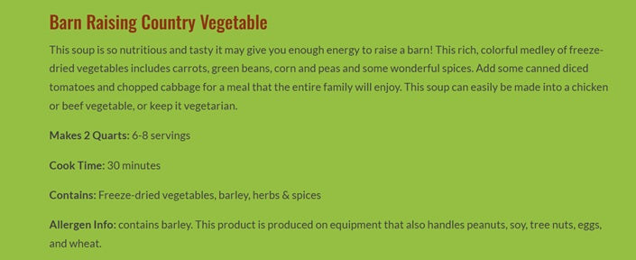 Cooke Tavern Soups - Barn Raising Country Vegetable Soup, Makes 2 quarts