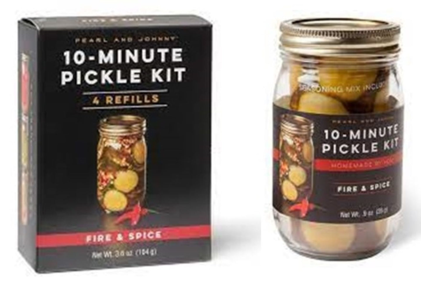 Pearl & Johnny 10-Minute Pickle Kit & Refill, (Fire & Spice - 2 Item Offer) 4 Packs In Refill Box   Jar & Spice & 2- 4 Packs In Refill Box